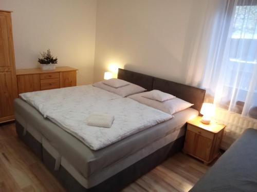 a bedroom with a large bed with two lamps at Ubytovanie Sklené Teplice in Sklené Teplice