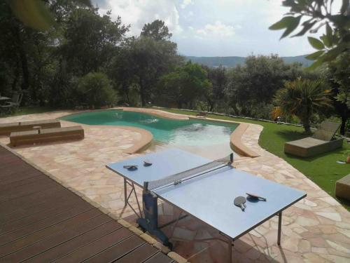 une table avec deux oiseaux dessus à côté d'une piscine dans l'établissement Mas du Valnalou Pool and Panoramic View, à Correns