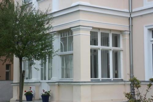 黑灵斯多夫Ferienwohnung In Gründerzeitvilla In Strandnähe的一栋白色的房子，前面有一棵树