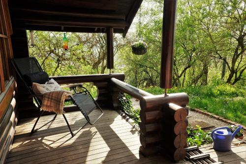 a screened in porch with a chair and a swing at Finnisches Holzhaus in Weidenberg