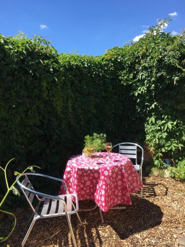 a table with a red and white table cloth and two chairs at Löwenzahn Mit Holu in Zehdenick