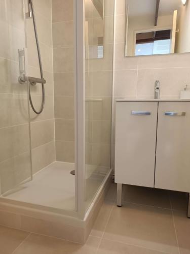 une salle de bain avec douche et lavabo dans l'établissement à 900m de la plage sur Oléron, à Dolus-d'Oléron