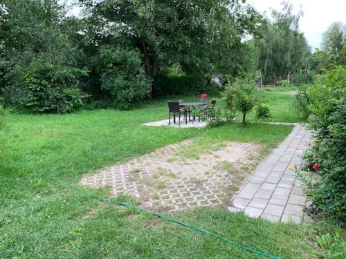 un giardino con tavolo e panca nell'erba di Wohnung In Dreveskirchen Mit Kleinem Garten a Blowatz