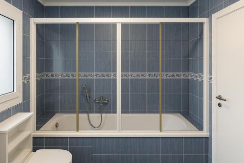 a bathroom with a shower and a tub with a toilet at Apartamento de 2 habitaciones en la zona centro. in Castro-Urdiales