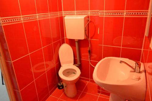 a red bathroom with a toilet and a sink at Csikos Apartment in Cluj-Napoca