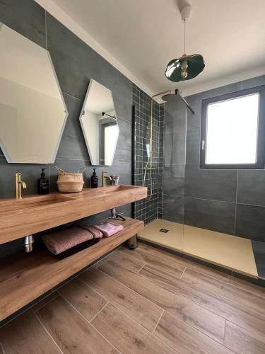 une salle de bain avec un lavabo et une douche dans l'établissement Magnifique Villa Piscine 3mn Plage Pointe Rouge, à Marseille