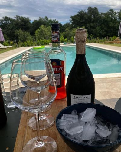 a bottle of wine and a wine glass on a table at Agriturismo Anfora della Vita in Massa Marittima