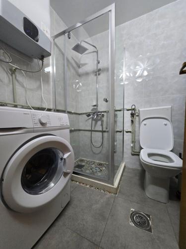 y baño con lavadora y aseo. en Durmitor Chill Chalet, en Žabljak