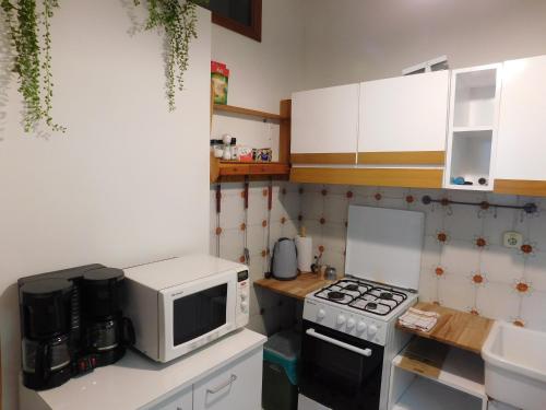 a small kitchen with a microwave and a stove at Villa Maria Lake View,7 minuti a piedi dal centro, parcheggio privato in Torri del Benaco