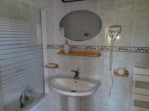 a bathroom with a sink and a mirror at Haubette in Meurville