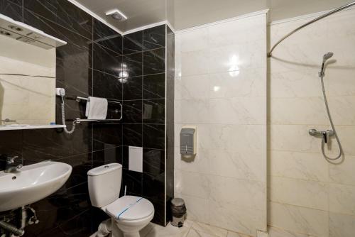 a bathroom with a shower and a toilet and a sink at Hotel Verhovina in Kyiv