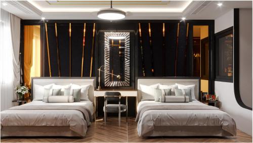 Ένα ή περισσότερα κρεβάτια σε δωμάτιο στο Halong Lavender Hotel