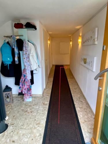 a long hallway with a red carpet in a room at Zimmer 1 inkl eigenem Bad und Parkplatz in Waldböckelheim
