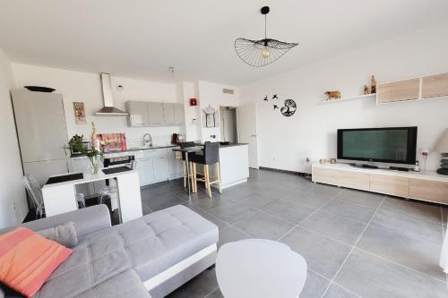 Il comprend un grand salon avec un canapé et une cuisine. dans l'établissement Nice and peaceful 55m close to the city centre, à Aix-en-Provence