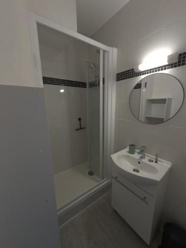 une salle de bain avec une douche, un lavabo et un miroir dans l'établissement Hispaniola, avec vue sur la marina et parking privé, à Saint-Cyprien