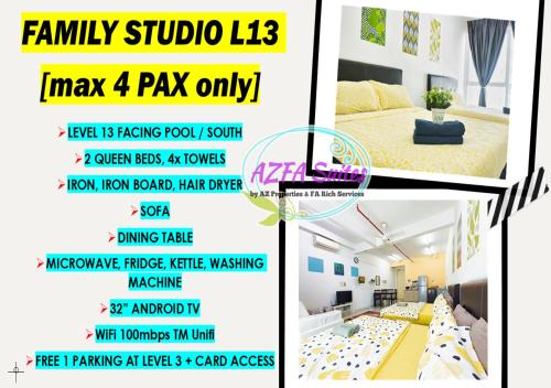 a flyer for a family studio max pay only at AZFA Suites at De Centrum Putrajaya Bangi FREE wifi in Kampong Sungai Kembong Hilir