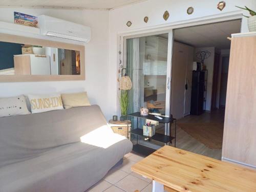 un salon avec un canapé et une table dans l'établissement Escapades Bohème - 3 pers - Histoire de Clés, au Cap d'Agde