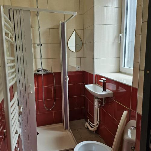 une petite salle de bain avec un lavabo et une douche dans l'établissement Hameau des Essarts, à Grand-Couronne