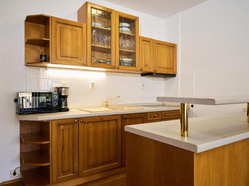 a kitchen with wooden cabinets and a counter top at Studio Rosie-Dolní náměstí by Interhome in Rokytnice nad Jizerou