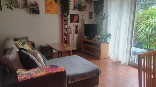 un soggiorno con un divano e una TV di Gignac 34 Maison avec jardin 3 min du centre ville a Gignac