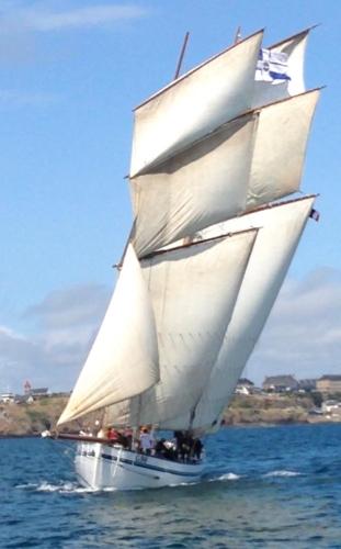 un voilier aux voiles blanches dans l'eau dans l'établissement Les 3 couronnes, à Granville