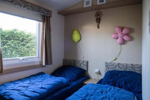 a bedroom with two beds and a window with a flower on the wall at Camping de Zandput - ZP 237 in Vrouwenpolder