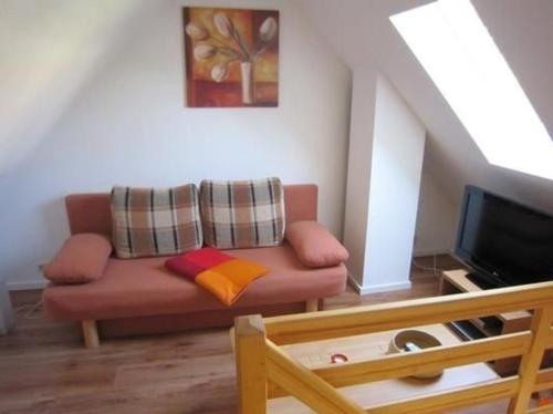 un salon avec un canapé et une télévision dans l'établissement Ferienhaus Malchow Mit Grill, Garten Und Terrasse, à Malchow