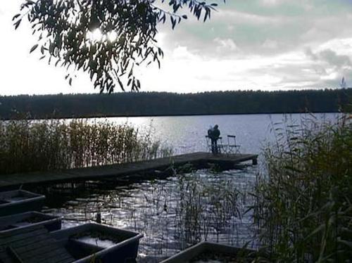 a person standing on a dock on a lake at Ferienwohnung Am Wurlsee in Lychen