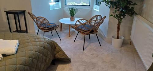 a bedroom with a table and chairs and a table with a plant at Crescent House in Plymouth