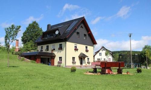 a large white house with a black roof in a field at Fewo Erzgebirge in Dorfchemnitz