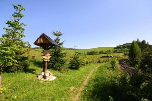 a small bird feeder in the middle of a field at Fewo Bergkristall in Sehmatal