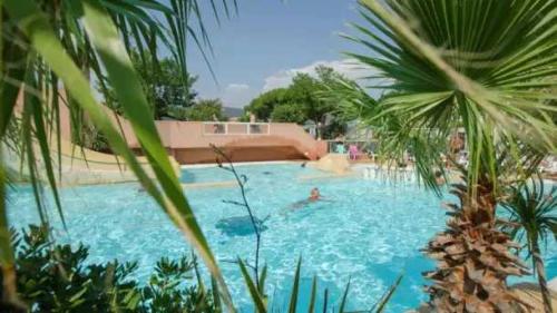 a person in a swimming pool with a palm tree at Appartement 4 étoiles - Parc aquatique - ccaa0ai in Bormes-les-Mimosas