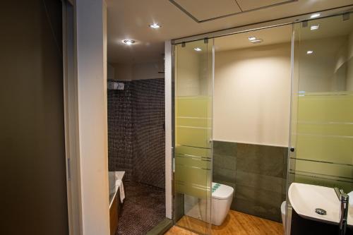 a bathroom with a shower and a toilet and a sink at Hotel Carboneras Cabo de Gata Spa in Carboneras