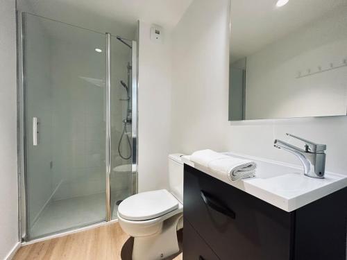 une salle de bain avec une douche, des toilettes et un lavabo dans l'établissement Reims résidence inn Sharies Studio confort C606, à Reims