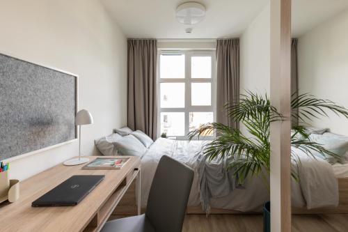 une chambre avec un lit et un bureau avec un ordinateur portable dans l'établissement MILESTONE Krakow Center Student Living, à Cracovie