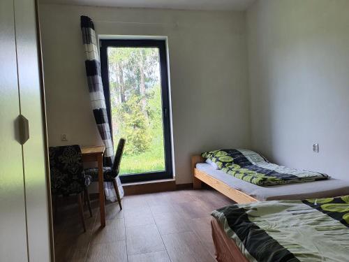 una habitación con dos camas y una ventana en Wrzosowa 10, en Sosnowiec