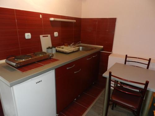 une petite cuisine avec un évier et un comptoir dans l'établissement Apartment-Studio Downtown Dudanovi Ohrid, à Ohrid