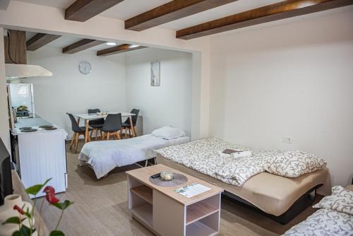a living room with two beds and a table at Arija Stone House - Rural Studio Apartment in Nikšić