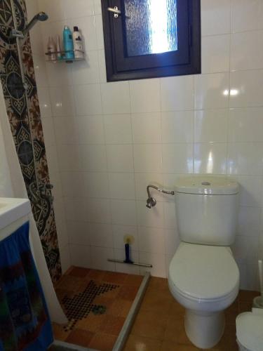 a bathroom with a toilet and a window at Louloudi, charming townhouse in Skiathos