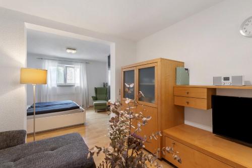 a living room with a bedroom with a bed and a tv at Ferienwohnung Emilia, 36qm in Münsingen