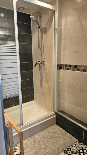 une douche avec une porte vitrée dans une salle de bain dans l'établissement Independent Master suite, 18th century home, à Caen