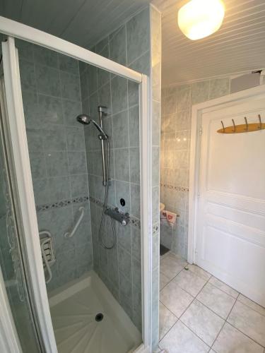 une salle de bain avec une douche avec une porte vitrée dans l'établissement Maison familiale de vacances, à La Rudelière