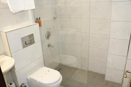 a white bathroom with a toilet and a shower at Balta Hotel in Edirne