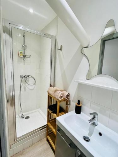 une salle de bain avec un lavabo et une douche dans l'établissement Charme unique sous les remparts, à Châteauneuf-de-Gadagne