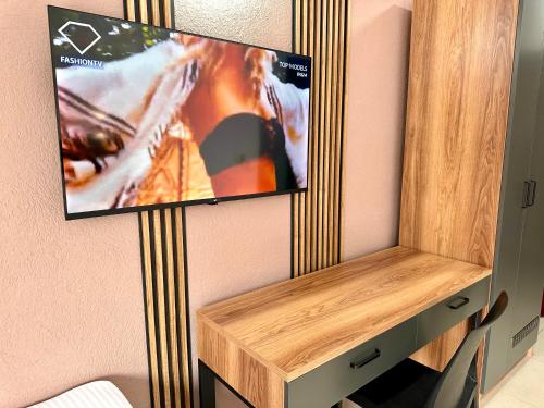 a flat screen tv hanging on a wall at Villa Milka in Ohrid