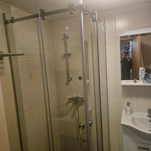 a shower with a glass door in a bathroom at Black Lake Chalet in Žabljak
