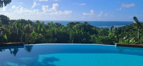 une piscine avec vue sur l'océan dans l'établissement La VILLA ANKARENA Dans un domaine forestier tropical, PROPRIÉTÉ ENTIÈRE avec PISCINE PRIVEE, Wifi, TV Plage à 5 minutes à pieds, sur l'île Sainte-Marie