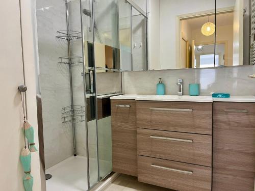 une salle de bain avec une douche en verre et un lavabo dans l'établissement T3 Les Juandines, à Antibes