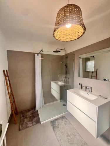 une salle de bain avec une douche, un lavabo et un miroir dans l'établissement Appartement A Maghjina proche port et centre ville, à Porto-Vecchio