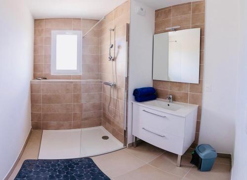 une salle de bain avec une douche, un lavabo et un miroir dans l'établissement LE 209, 3min à pieds de la Plage, tout confort, Terrasse, 2 Parking privée, à Vias